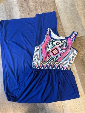 Blue Maxi Dress with Bright Aztec Print